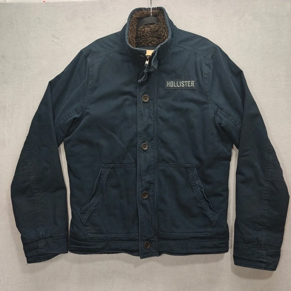 Y2K Hollister Military Jacket Mens XL Blue Sherpa Lined Full Zip Utility Heavy